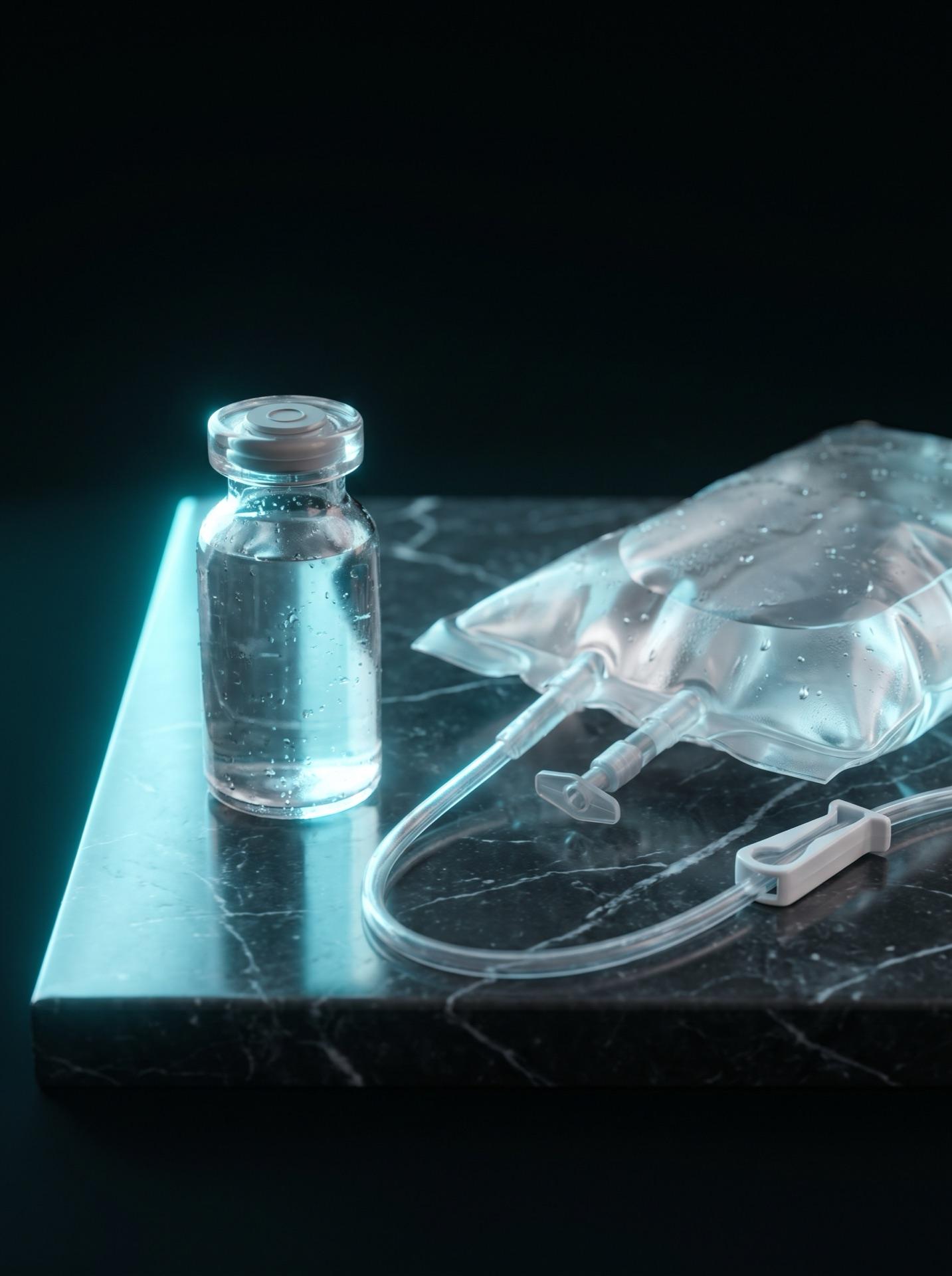 An IV vial and saline on marble
