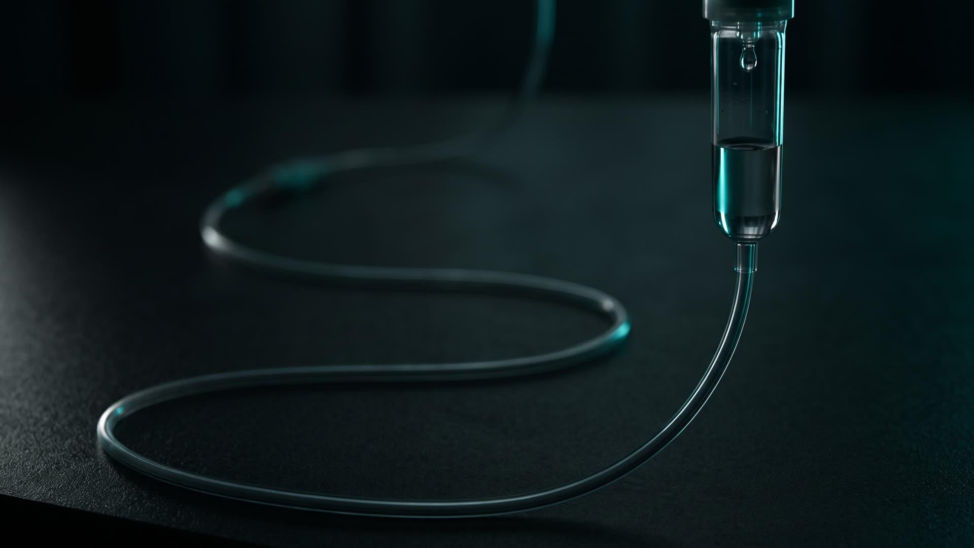 An IV drip chamber and line on a dark surface